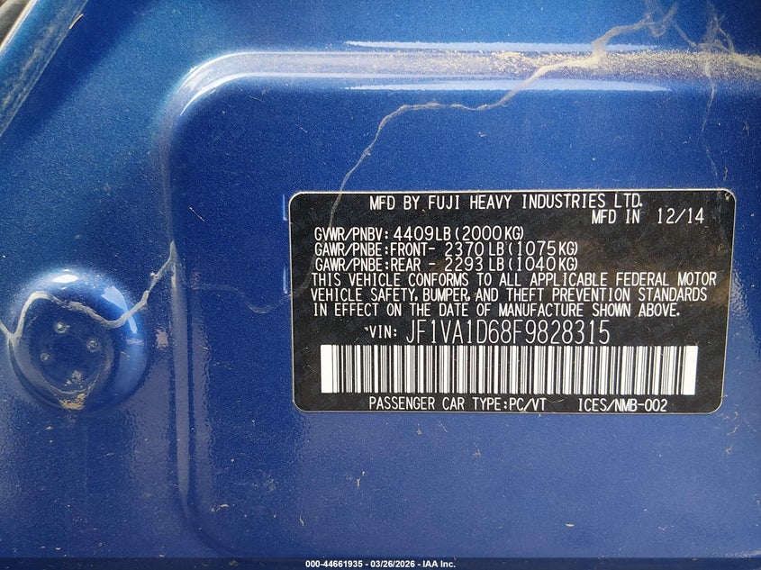 2015 Subaru Wrx VIN JF1VA1D68F9828315 IAAI salvage auction — ALL OVER, Wait Title, sold $1,600 on 2026-07-16 (photo 9)