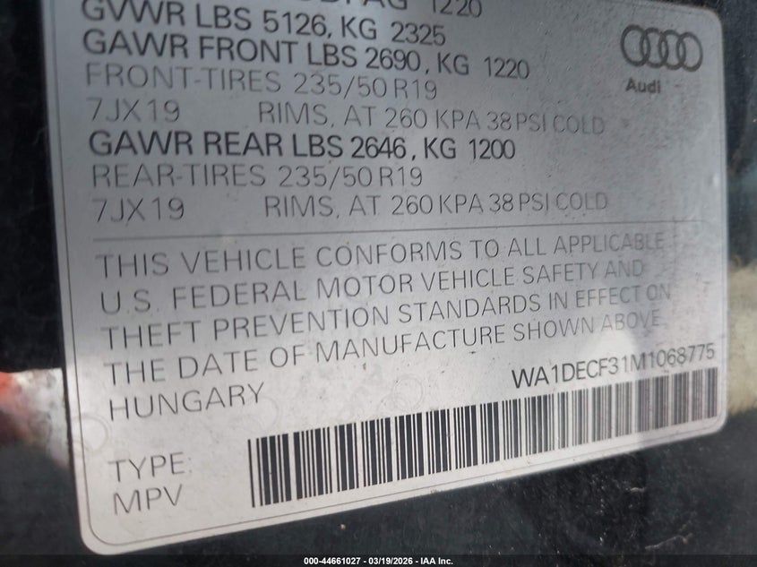 2021 Audi Q3 VIN WA1DECF31M1068775 IAAI salvage auction — FRONT END, Salvage Title, sold $7,775 on 2026-07-29 (photo 9)