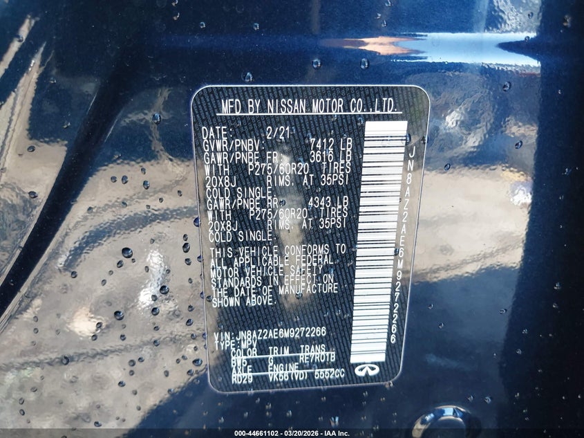 2021 Infiniti Qx80 VIN JN8AZ2AE6M9272266 IAAI salvage auction — REAR END, Salvage - Greater Than 75% (Maryland), sold $10,750 on 2026-07-23 (photo 9)