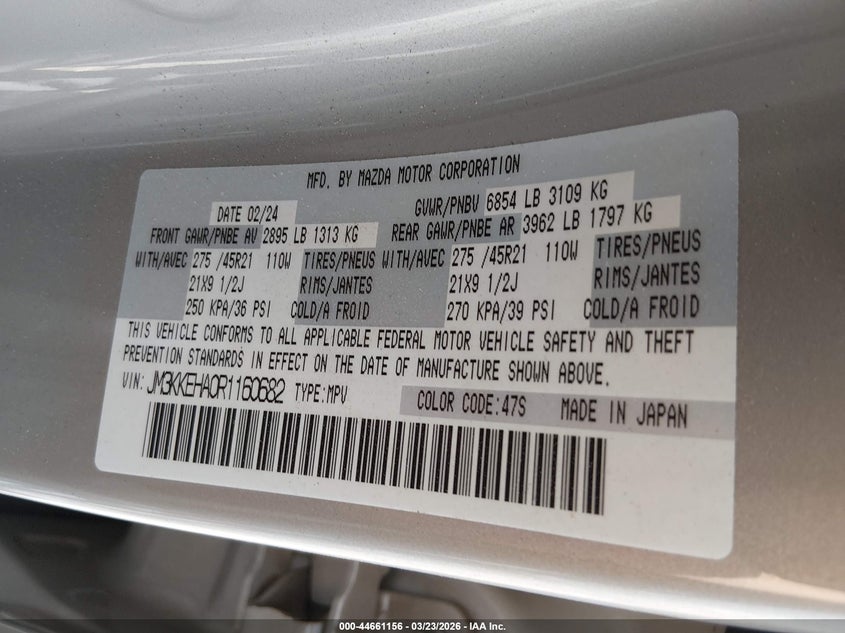 2024 Mazda Cx-90 VIN JM3KKEHA0R1160682 IAAI salvage auction — LEFT & RIGHT, Salvage (New Mexico), sold $6,300 on 2026-07-27 (photo 9)