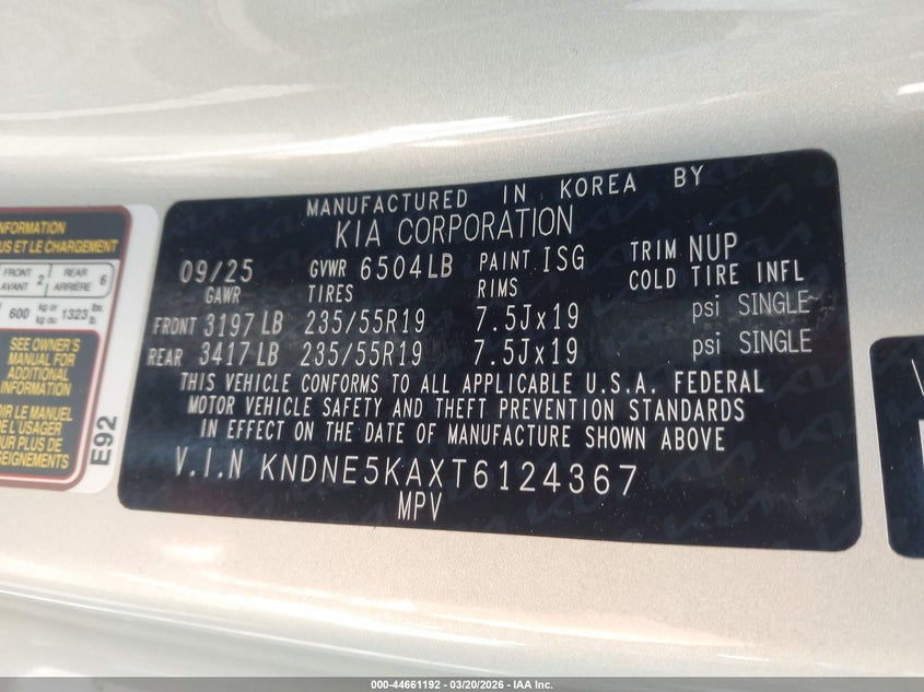 2026 Kia Carnival VIN KNDNE5KAXT6124367 IAAI salvage auction — REAR END, Salvage Title, sold $16,500 on 2026-07-23 (photo 9)