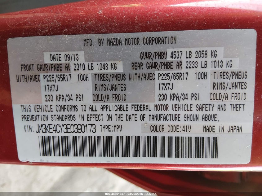 2014 Mazda Cx-5 VIN JM3KE4CY3E0390173 IAAI salvage auction — FRONT END, Salvage Title, sold $2,000 on 2026-07-23 (photo 9)