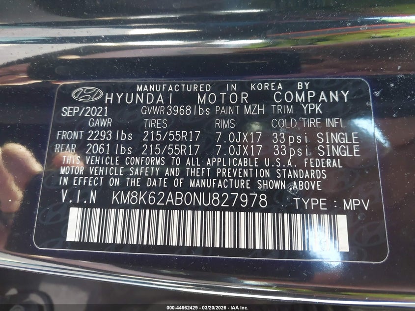 2022 Hyundai Kona VIN KM8K62AB0NU827978 IAAI salvage auction — RIGHT SIDE, Salvage Title, sold $4,750 on 2026-07-22 (photo 9)