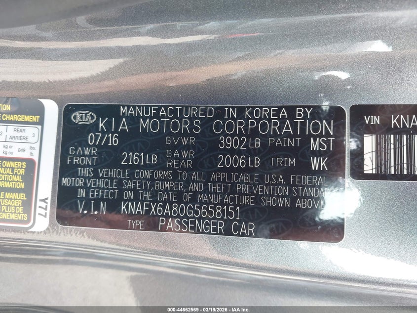 2016 Kia Forte VIN KNAFX6A80G5658151 IAAI salvage auction — FRONT END, Clear (Hawaii), sold $500 on 2026-07-14 (photo 9)