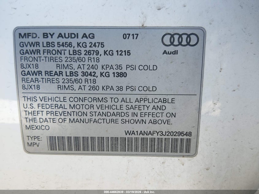 2018 Audi Q5 VIN WA1ANAFY3J2029548 IAAI salvage auction — FRONT END, Salvage (Ohio), sold $2,550 on 2026-07-29 (photo 9)