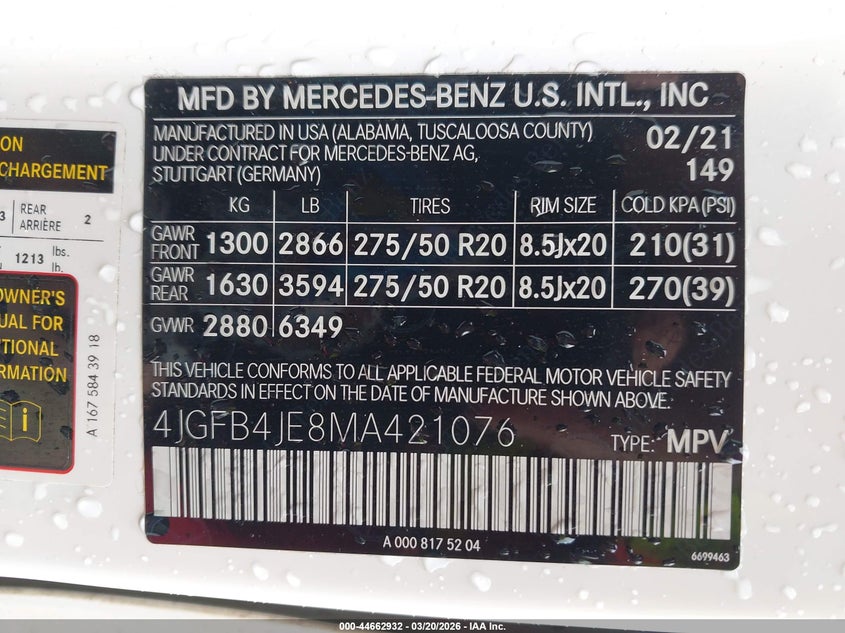2021 Mercedes-benz Gle VIN 4JGFB4JE8MA421076 IAAI salvage auction — REAR END, Salvage (Hawaii), sold $18,500 on 2026-08-25 (photo 9)