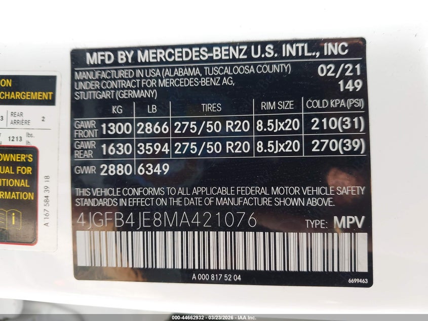 2021 Mercedes-benz Gle VIN 4JGFB4JE8MA421076 IAAI salvage auction — Rear, Salvage, sold $18,200 on 2026-08-18 (photo 9)