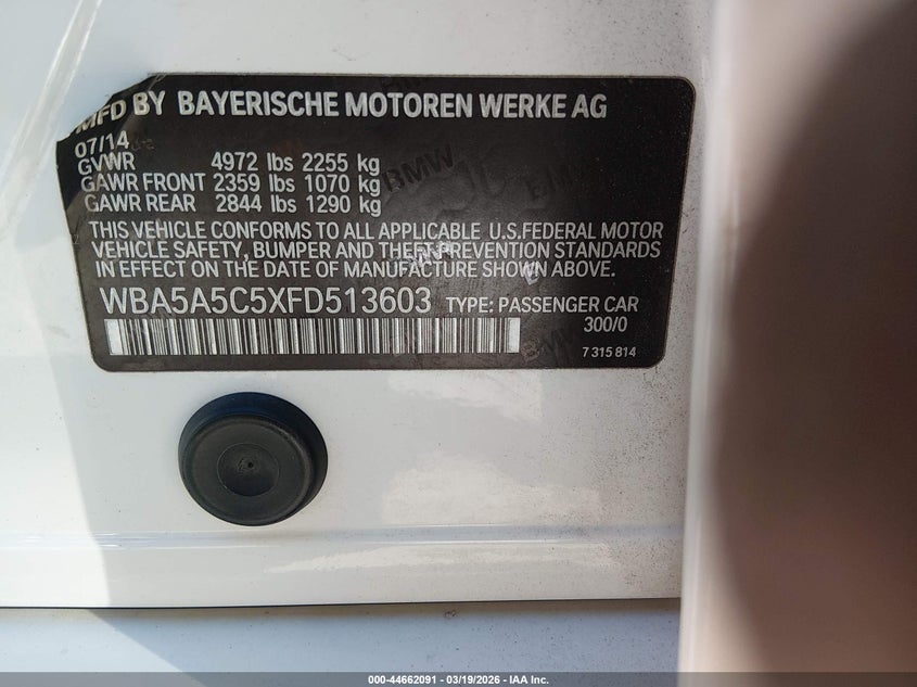 2015 BMW 5er VIN WBA5A5C5XFD513603 IAAI salvage auction — SIDE, Salvage Title, sold $400 on 2026-07-23 (photo 9)