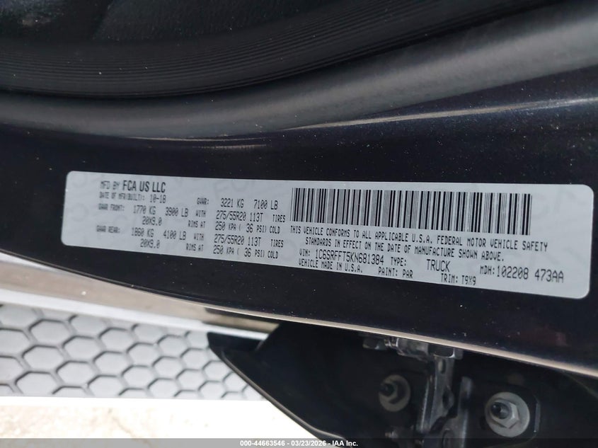 2019 Ram 1500 VIN 1C6SRFFT5KN681384 IAAI salvage auction — FRONT END, Salvage Title, sold $9,100 on 2026-08-22 (photo 9)