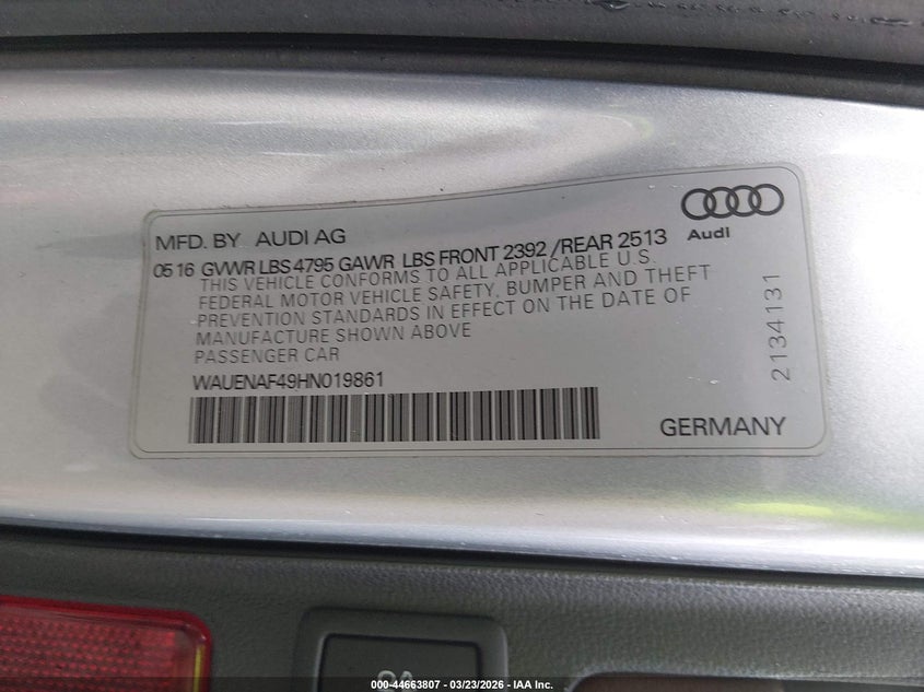 2017 Audi A4 VIN WAUENAF49HN019861 IAAI salvage auction — REAR END, Salvage Title, sold $5,000 on 2026-07-14 (photo 9)