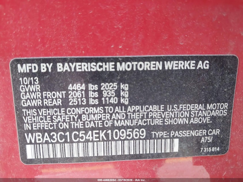 2014 BMW 3er VIN WBA3C1C54EK109569 IAAI salvage auction — LEFT & RIGHT, Salvage Title, sold $1,325 on 2026-07-22 (photo 9)