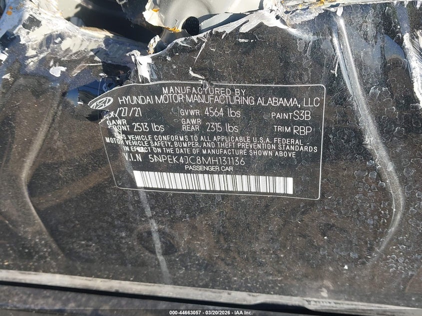 2021 Hyundai Sonata VIN 5NPEK4JC8MH131136 IAAI salvage auction — FRONT END, Salvage Title, sold $175 on 2026-07-15 (photo 9)