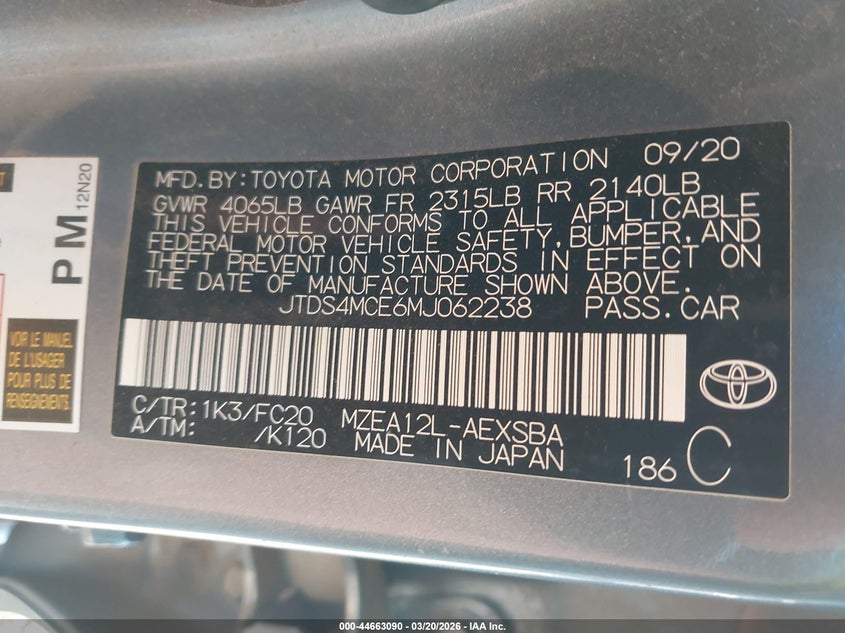 2021 Toyota Corolla VIN JTDS4MCE6MJ062238 IAAI salvage auction — LEFT FRONT, Salvage (Texas), sold $2,600 on 2026-07-30 (photo 9)