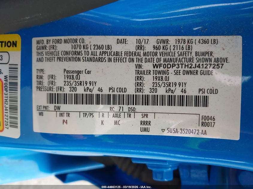 2018 Ford Focus rs VIN WF0DP3TH2J4127257 IAAI salvage auction — FRONT & REAR, Salvage Title, sold $10,400 on 2026-07-14 (photo 9)