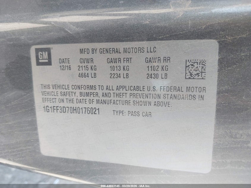 2017 Chevrolet Camaro VIN 1G1FF3D70H0176021 IAAI salvage auction — FRONT & REAR, Salvage Title, sold $6,050 on 2026-07-19 (photo 9)