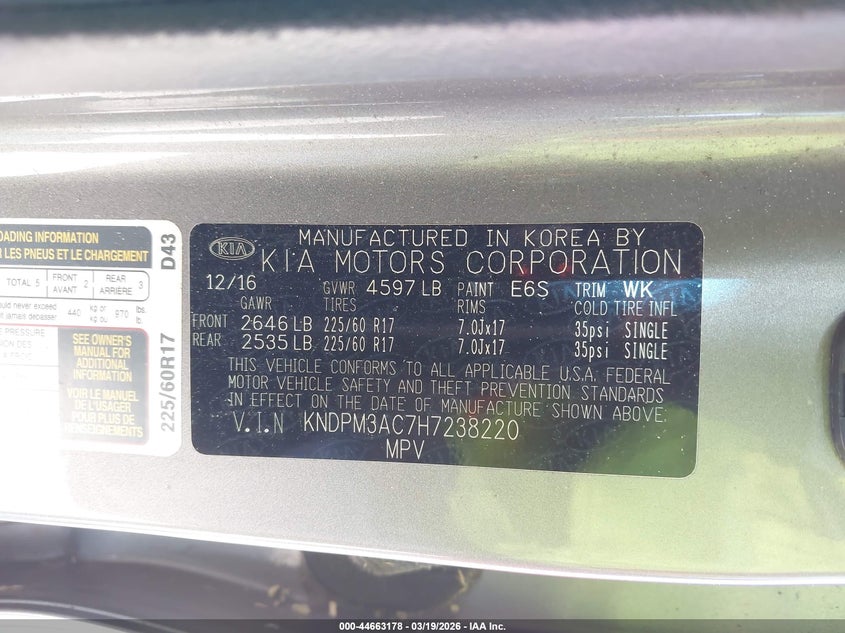 2017 Kia Sportage VIN KNDPM3AC7H7238220 IAAI salvage auction — ROOF, Salvage Title, sold $1,400 on 2026-07-15 (photo 9)