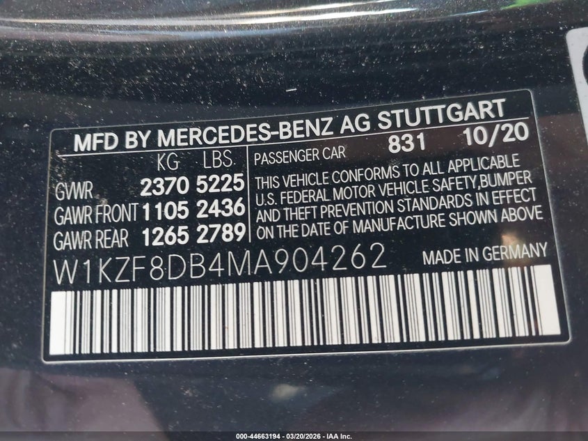 2021 Mercedes-benz E-klasse VIN W1KZF8DB4MA904262 IAAI salvage auction — WATER/FLOOD, Salvage Title, sold $13,450 on 2026-07-15 (photo 9)