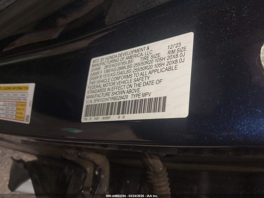 2024 Honda Pilot VIN 5FNYG1H71RB029429 IAAI salvage auction — ALL OVER, Salvage (Texas), sold $8,550 on 2026-07-28 (photo 9)