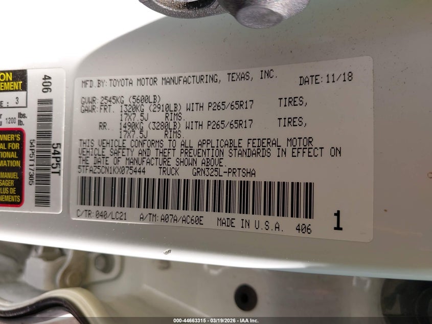 2019 Toyota Tacoma VIN 5TFAZ5CN1KX075444 IAAI salvage auction — FRONT END, Salvage Title, sold $10,250 on 2026-07-29 (photo 9)