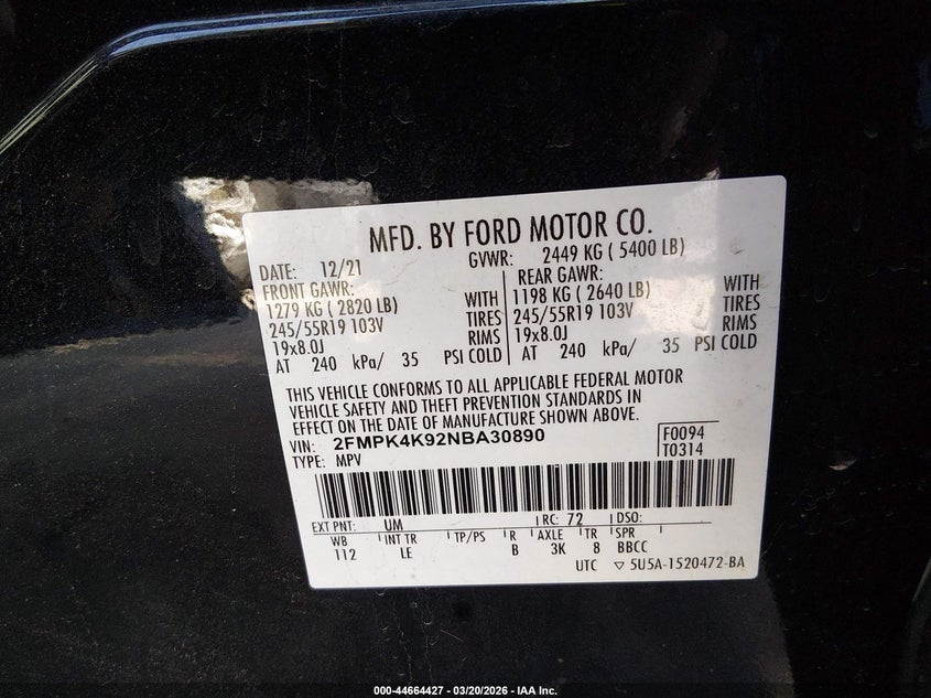 2022 Ford Edge VIN 2FMPK4K92NBA30890 IAAI salvage auction — FRONT END, Salvage (Utah), sold $4,500 on 2026-07-09 (photo 9)