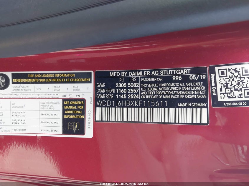 2019 Mercedes-benz E-klasse VIN WDD1J6HBXKF115611 IAAI salvage auction — FRONT END, Wait Title, sold $10,800 on 2026-07-26 (photo 9)