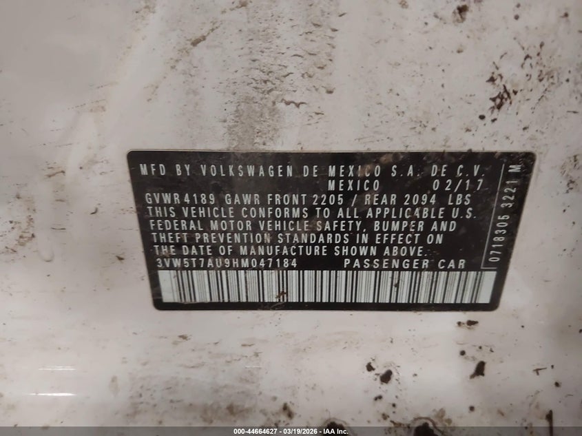 2017 Volkswagen Golf gti VIN 3VW5T7AU9HM047184 IAAI salvage auction — ROLLOVER, Salvage (Maine), sold $275 on 2026-07-06 (photo 9)
