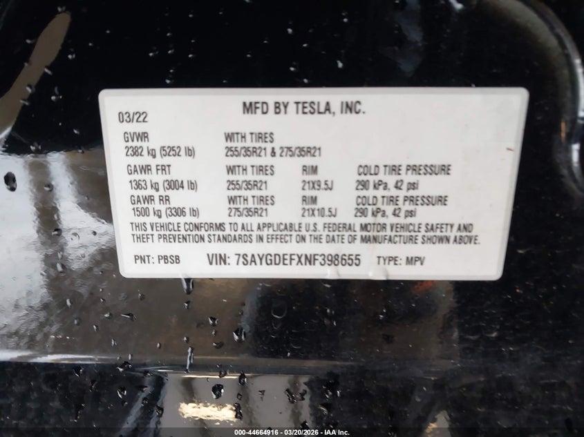 2022 Tesla Model y VIN 7SAYGDEFXNF398655 IAAI salvage auction — RIGHT REAR, Bill Of Sale (Washington), sold $9,450 on 2026-07-16 (photo 9)