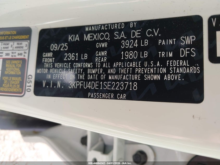 2025 Kia K4 VIN 3KPFU4DE1SE223718 IAAI salvage auction — FRONT END, Wait Title, sold $3,850 on 2026-07-24 (photo 9)