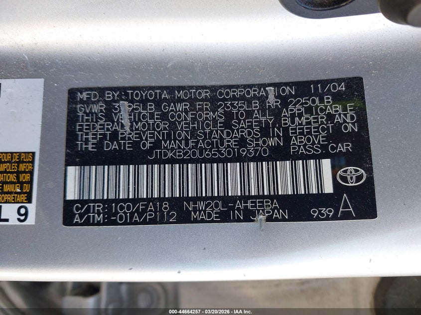 2005 Toyota Prius VIN JTDKB20U653019370 IAAI salvage auction — FRONT & REAR, Salvage (California), sold $300 on 2026-07-15 (photo 9)