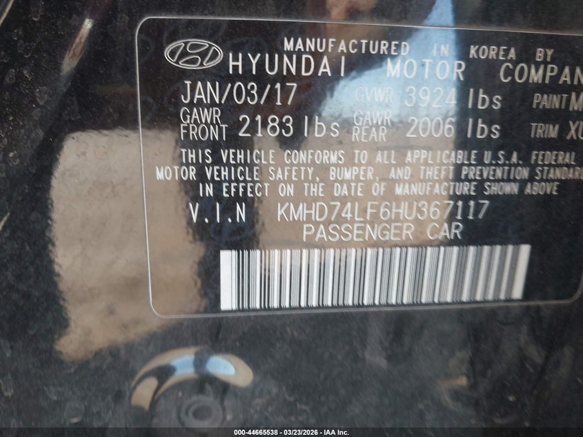 2017 Hyundai Elantra VIN KMHD74LF6HU367117 IAAI salvage auction — REAR END, Salvage (Arizona), sold $1,625 on 2026-07-07 (photo 9)