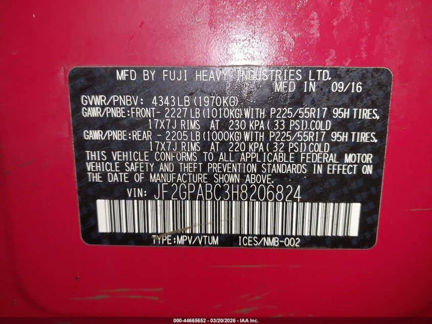 2017 Subaru Xv VIN JF2GPABC3H8206824 IAAI salvage auction — FRONT END, Salvage (Maine), sold $1,025 on 2026-07-06 (photo 9)