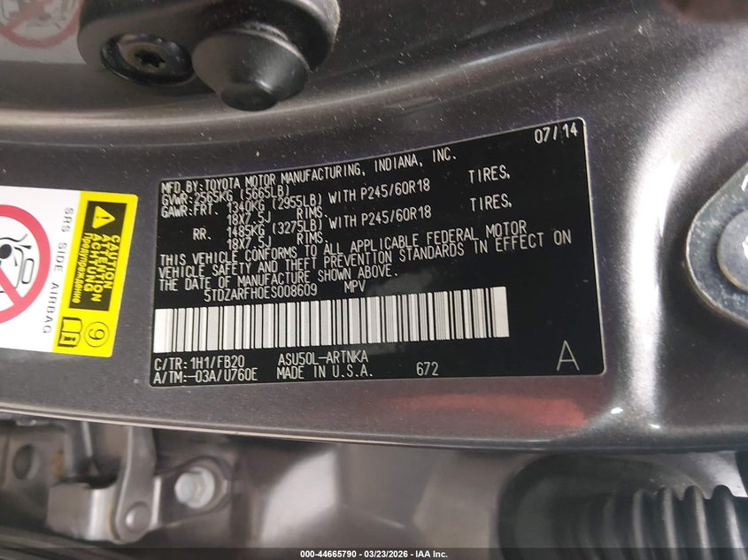 2014 Toyota Highlander VIN 5TDZARFH0ES008609 IAAI salvage auction — RIGHT FRONT, Salvage Title, sold $3,575 on 2026-07-13 (photo 9)