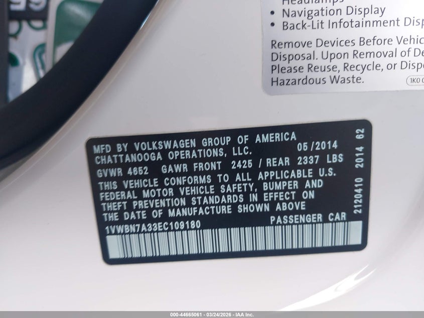 2014 Volkswagen Passat VIN 1VWBN7A33EC109180 IAAI salvage auction — FRONT END, Salvage (California), sold $1,150 on 2026-09-30 (photo 9)