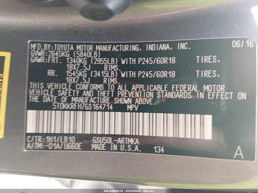 2016 Toyota Highlander VIN 5TDKKRFH7GS164714 IAAI salvage auction — FRONT END, Wait Title, sold $7,000 on 2026-07-07 (photo 9)