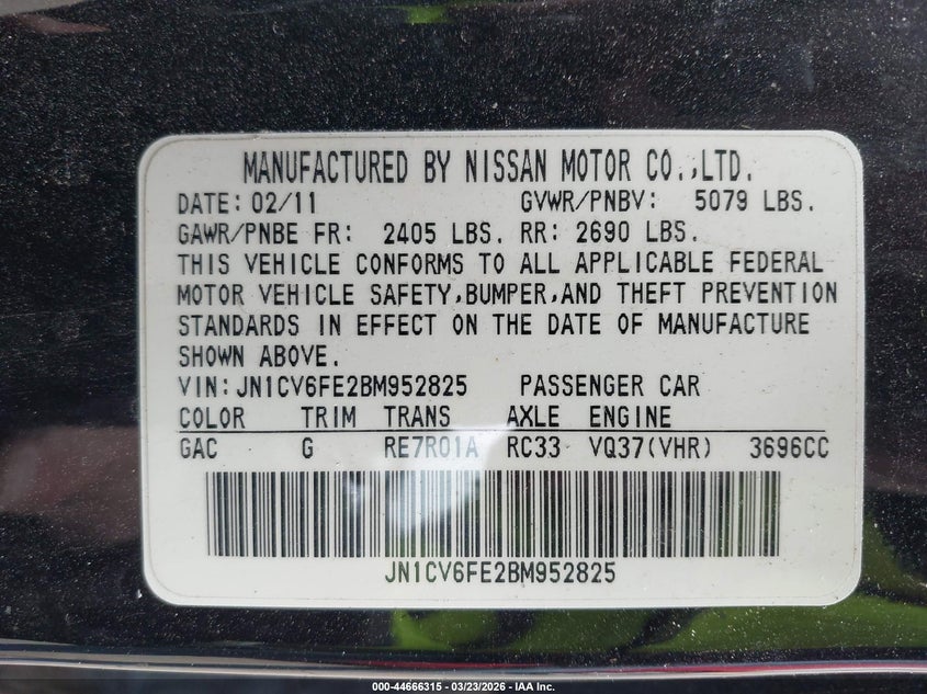 2011 Infiniti G VIN JN1CV6FE2BM952825 IAAI salvage auction — SIDE, Salvage (Ohio), sold $1,550 on 2026-08-02 (photo 9)