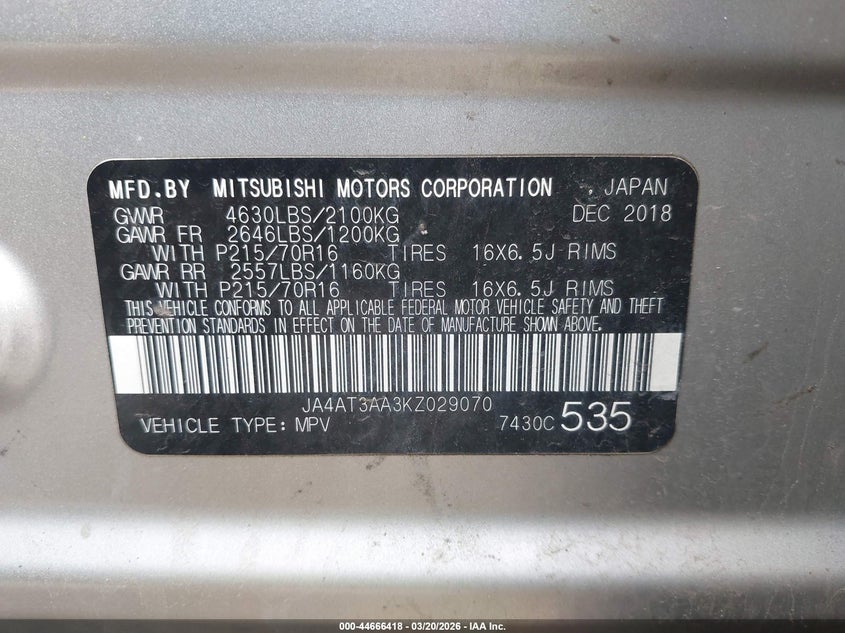 2019 Mitsubishi Eclipse cross VIN JA4AT3AA3KZ029070 IAAI salvage auction — FRONT END, Salvage (Illinois), sold $2,400 on 2026-07-28 (photo 9)