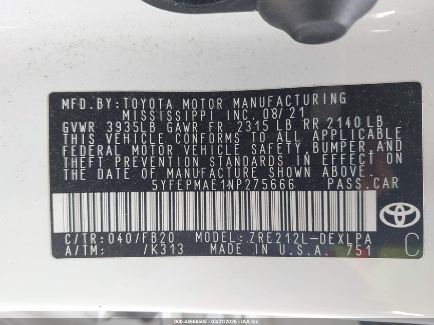 2022 Toyota Corolla VIN 5YFEPMAE1NP275666 IAAI salvage auction — REAR END, Salvage (Georgia), sold $4,100 on 2026-07-07 (photo 9)