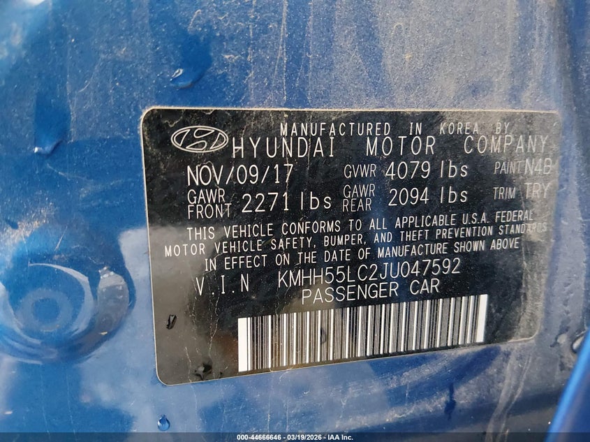2018 Hyundai Elantra VIN KMHH55LC2JU047592 IAAI salvage auction — FRONT END, Salvage (Missouri), sold $125 on 2026-07-27 (photo 9)