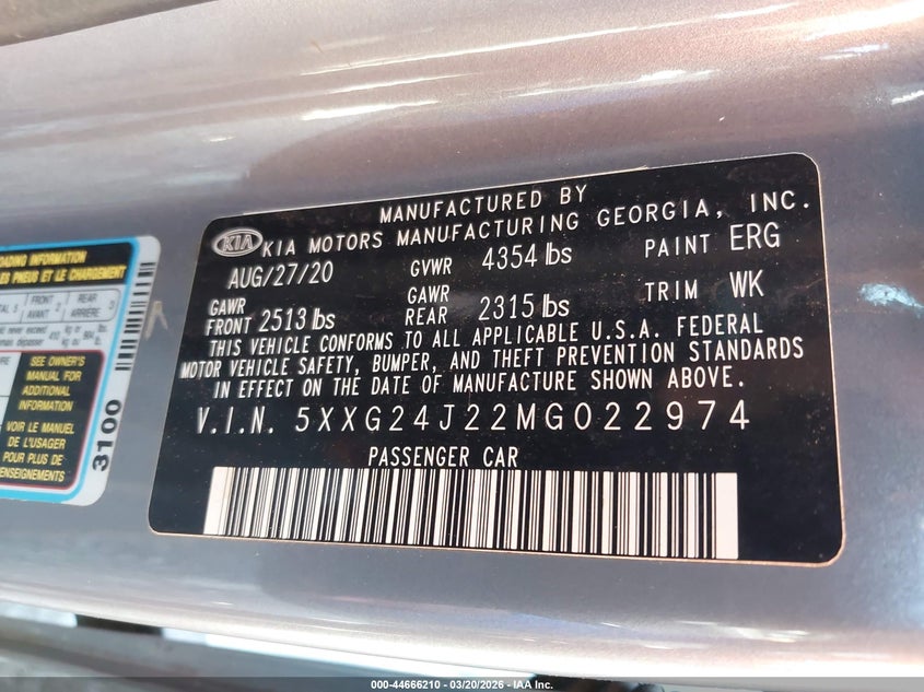 2021 Kia K5 VIN 5XXG24J22MG022974 IAAI salvage auction — FRONT END, Salvage (Georgia), sold $725 on 2026-07-10 (photo 9)
