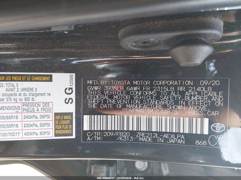 2021 Toyota Corolla VIN JTDVPMAE4MJ144878 IAAI salvage auction — FRONT END, Salvage Title, sold $3,125 on 2026-07-15 (photo 9)