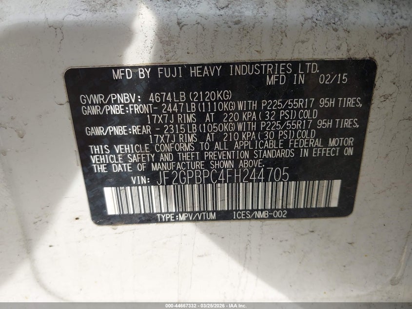 2015 Subaru Xv VIN JF2GPBPC4FH244705 IAAI salvage auction — FRONT END, Wait Title, sold $600 on 2026-07-08 (photo 9)