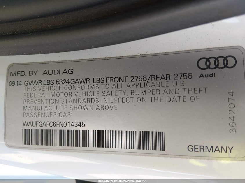 2015 Audi A6 VIN WAUFGAFC6FN014345 IAAI salvage auction — SUSPENSION, Salvage Title, sold $650 on 2026-07-28 (photo 9)