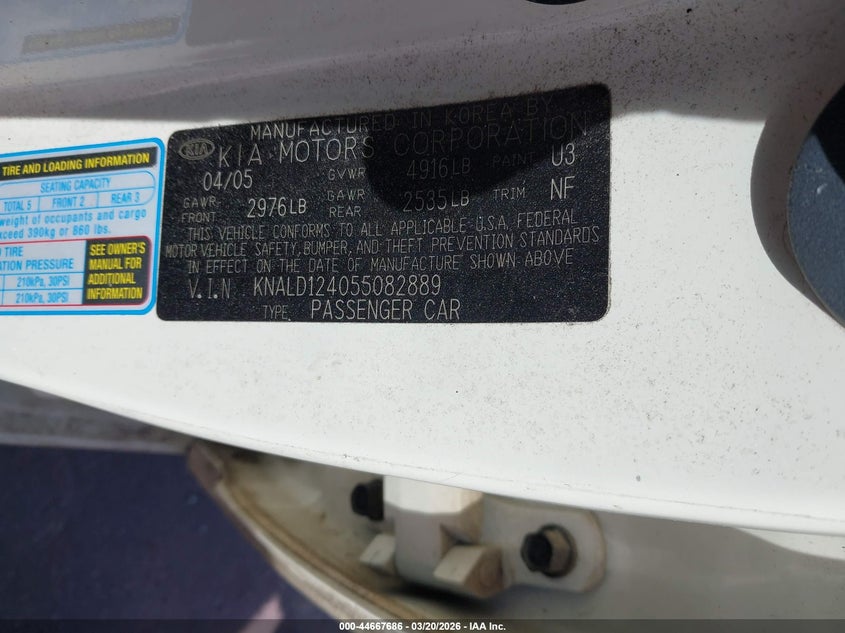 2005 Kia Amanti VIN KNALD124055082889 IAAI salvage auction — ROLLOVER, Junk Receipt (North Carolina), sold $550 on 2026-07-08 (photo 9)