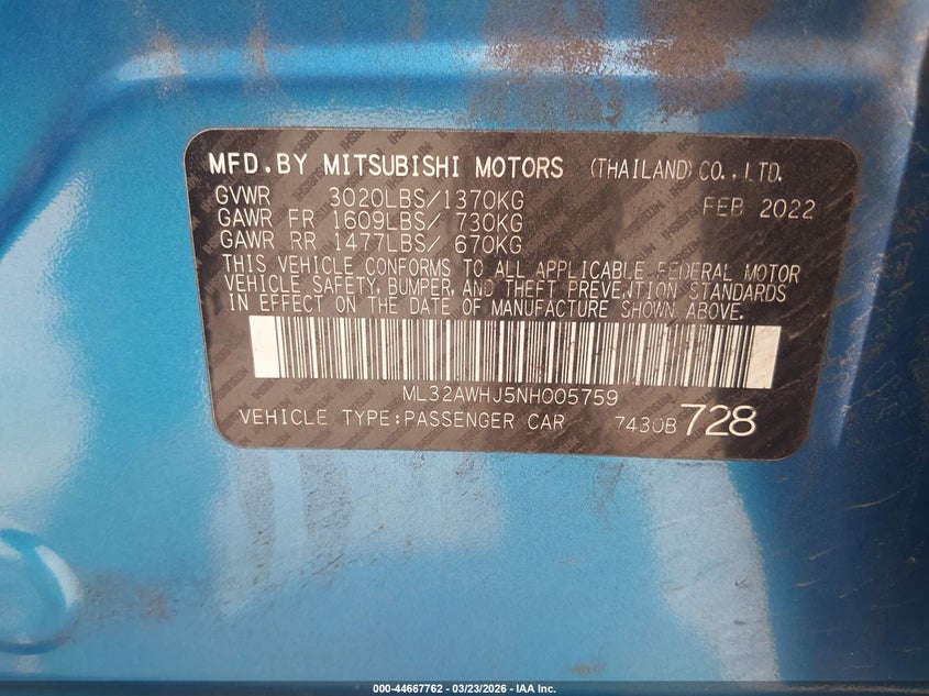 2022 Mitsubishi Mirage VIN ML32AWHJ5NH005759 IAAI salvage auction — FRONT END, Wait Title, sold $1,400 on 2026-07-07 (photo 9)