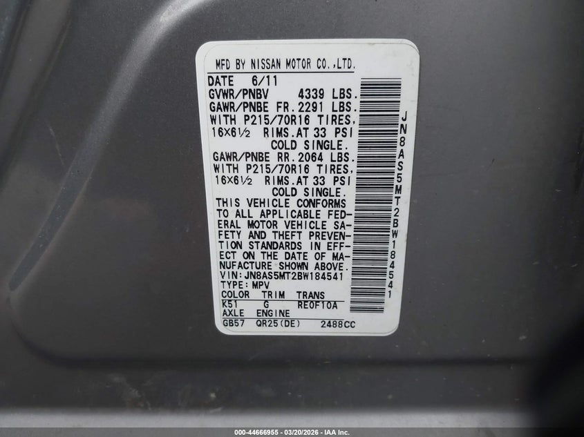 2011 Nissan Rogue VIN JN8AS5MT2BW184541 IAAI salvage auction — FRONT END, Salvage (Ohio), sold $25 on 2026-07-28 (photo 9)