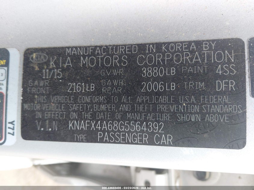 2016 Kia Forte VIN KNAFX4A68G5564392 IAAI salvage auction — THEFT, Clear (South Carolina), sold $1,800 on 2026-07-13 (photo 9)