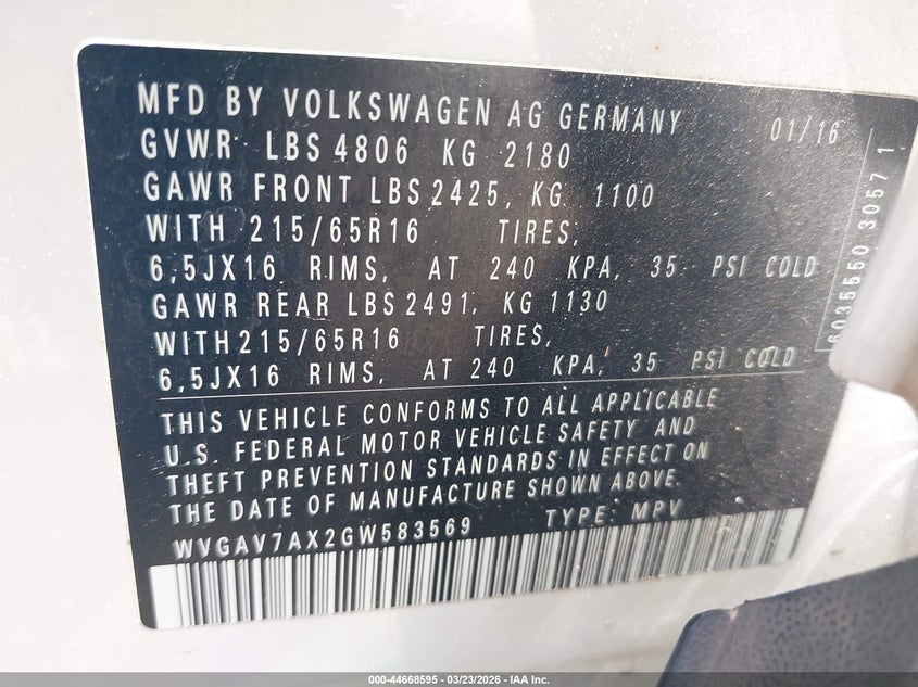 2016 Volkswagen Tiguan VIN WVGAV7AX2GW583569 IAAI salvage auction — RIGHT FRONT, Salvage (Texas), sold $750 on 2026-07-29 (photo 9)