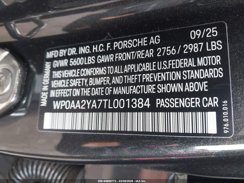 2026 Porsche Panamera VIN WP0AA2YA7TL001384 IAAI salvage auction — SIDE, Wait Title, sold $43,750 on 2026-07-11 (photo 9)