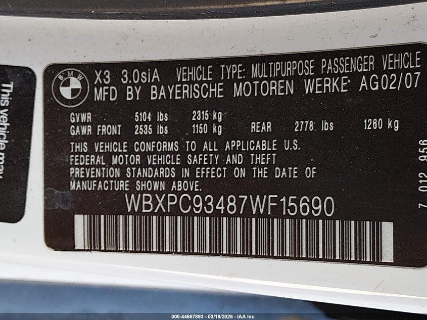 2007 BMW X3 VIN WBXPC93487WF15690 IAAI salvage auction — RIGHT FRONT, Salvage (Kentucky), sold $150 on 2026-07-06 (photo 9)