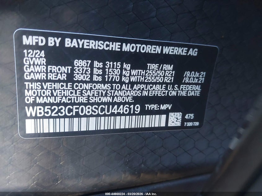 2025 BMW Ix VIN WB523CF08SCU44619 IAAI salvage auction — FRONT END, Salvage Title, sold $13,500 on 2026-07-13 (photo 9)